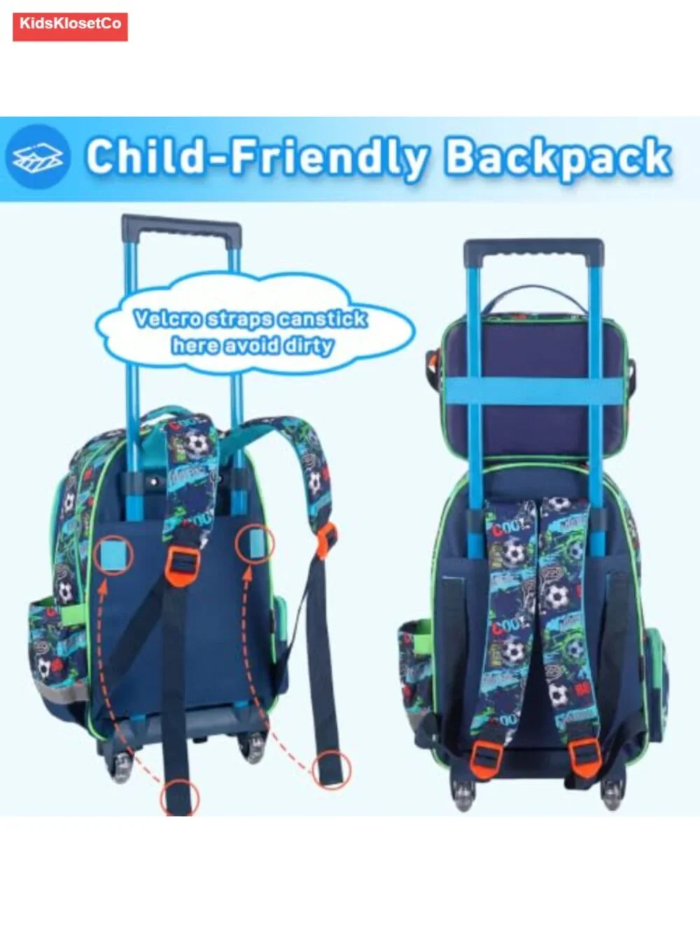3-in-1 Kids Rolling Backpack Set with Lunch Bag, Soccer Theme, Wheels,